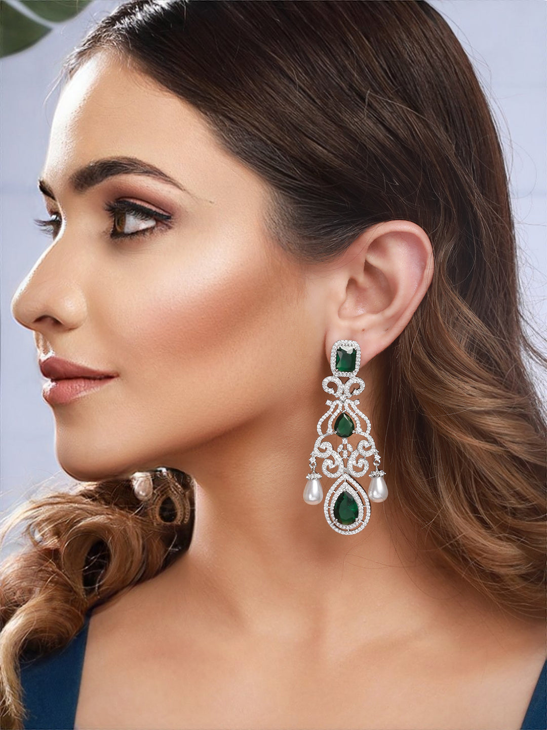 Silver Toned Green  Zircon Pearl Beaded Statement Chandelier Earrings